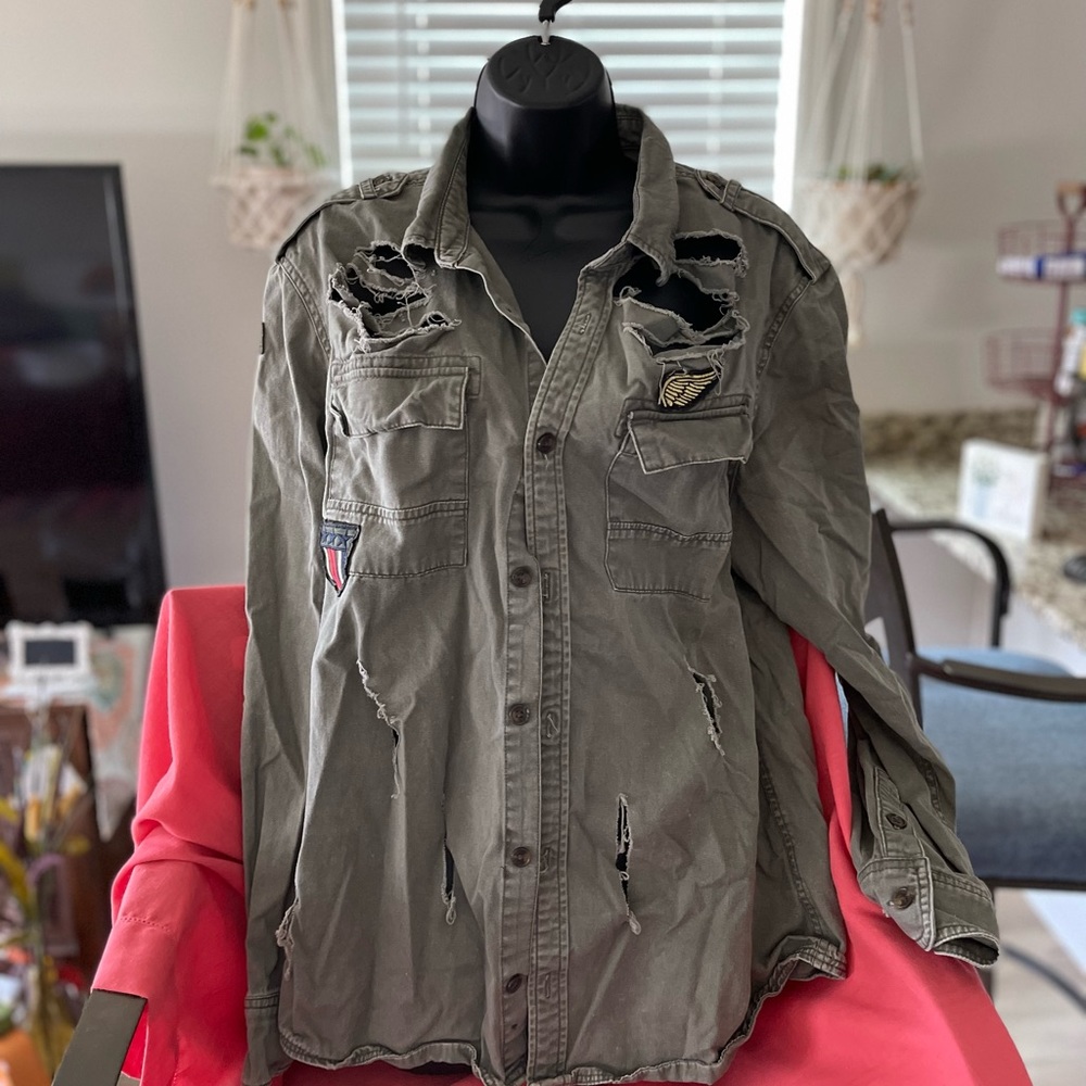 Distressed army green long sleeve jacket / shirt